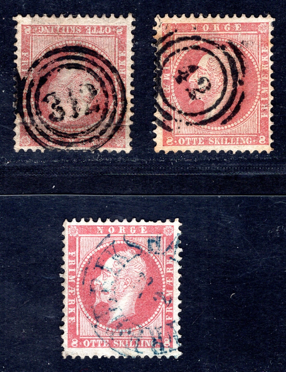 NORWAY 1856 5 used NUMERAL CANCEL 42,312 + BLUE TOWN CANCEL (N2743